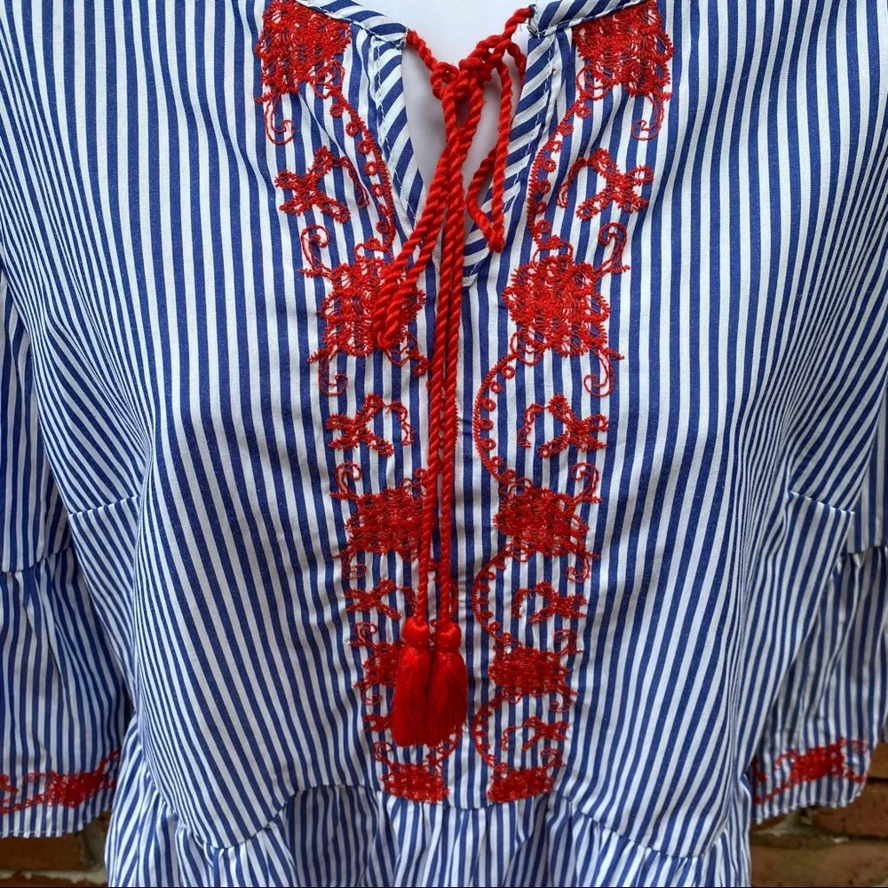 Primark Blue White Striped Blouse Red Embroidery - Picture 3 of 8